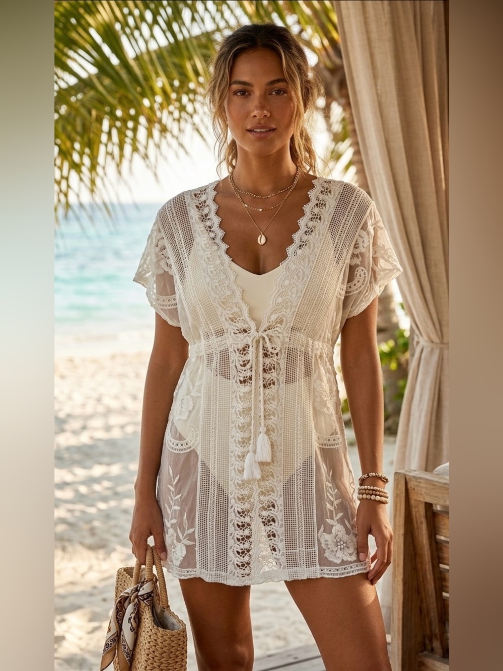 V Amiani Resort Fashion Lace Embroidery Beach Cover Up - Sheer Boho - White
